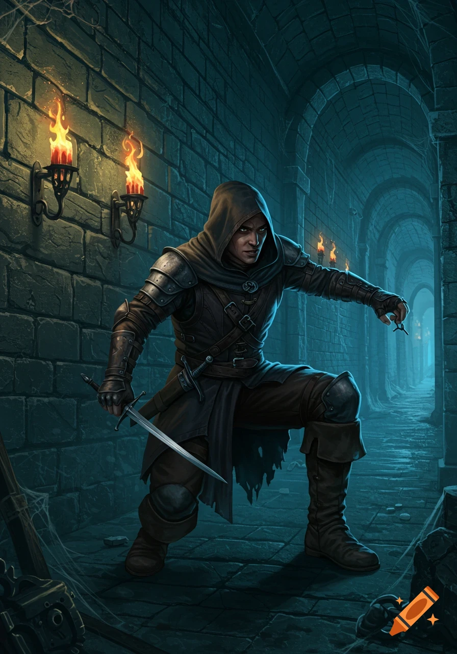 A hooded rogue in leather armor and cloak crouches in a torchlit stone dungeon, holding two daggers.