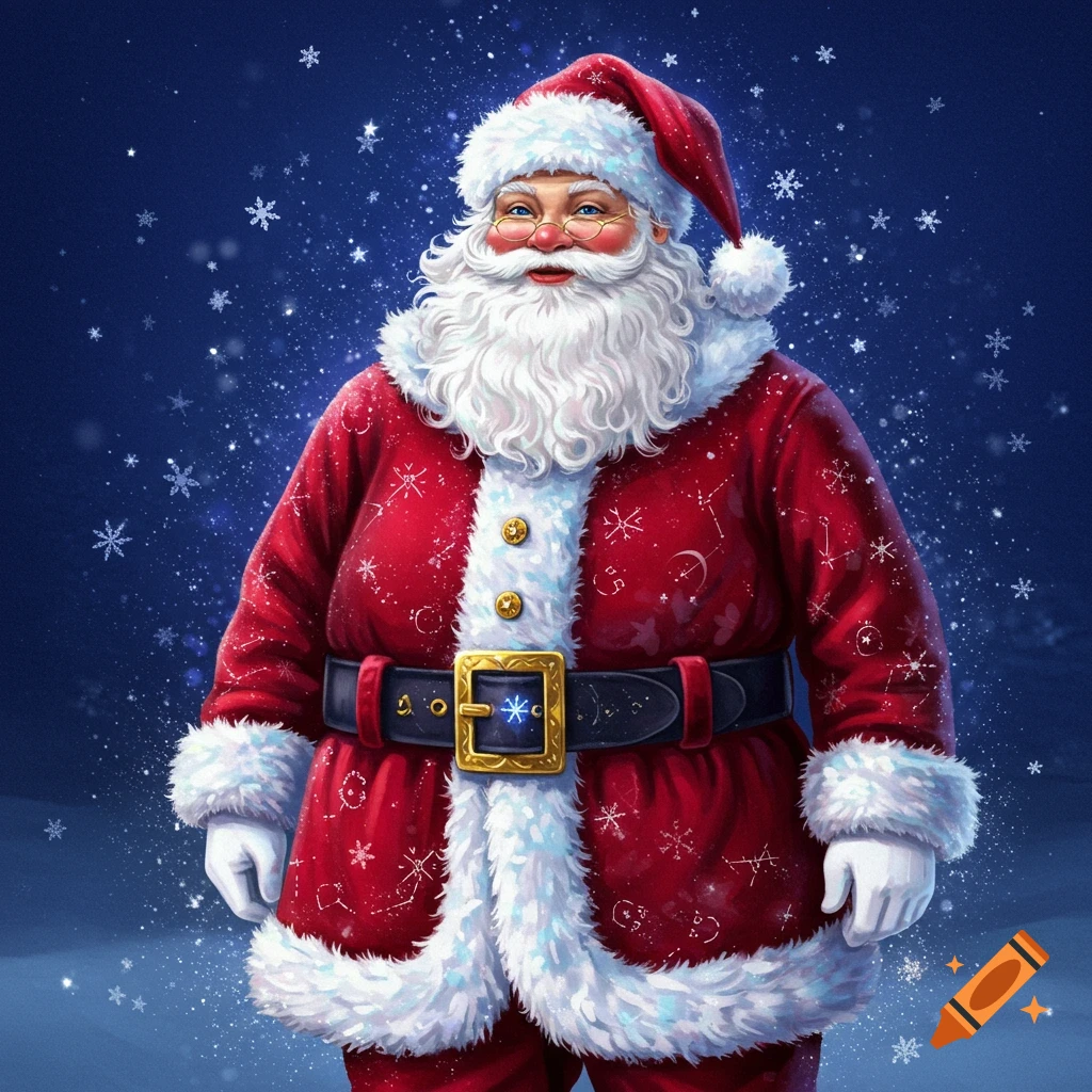 A cheerful Santa Claus in a magical red suit adorned with constellations, standing against a snowy blue night.