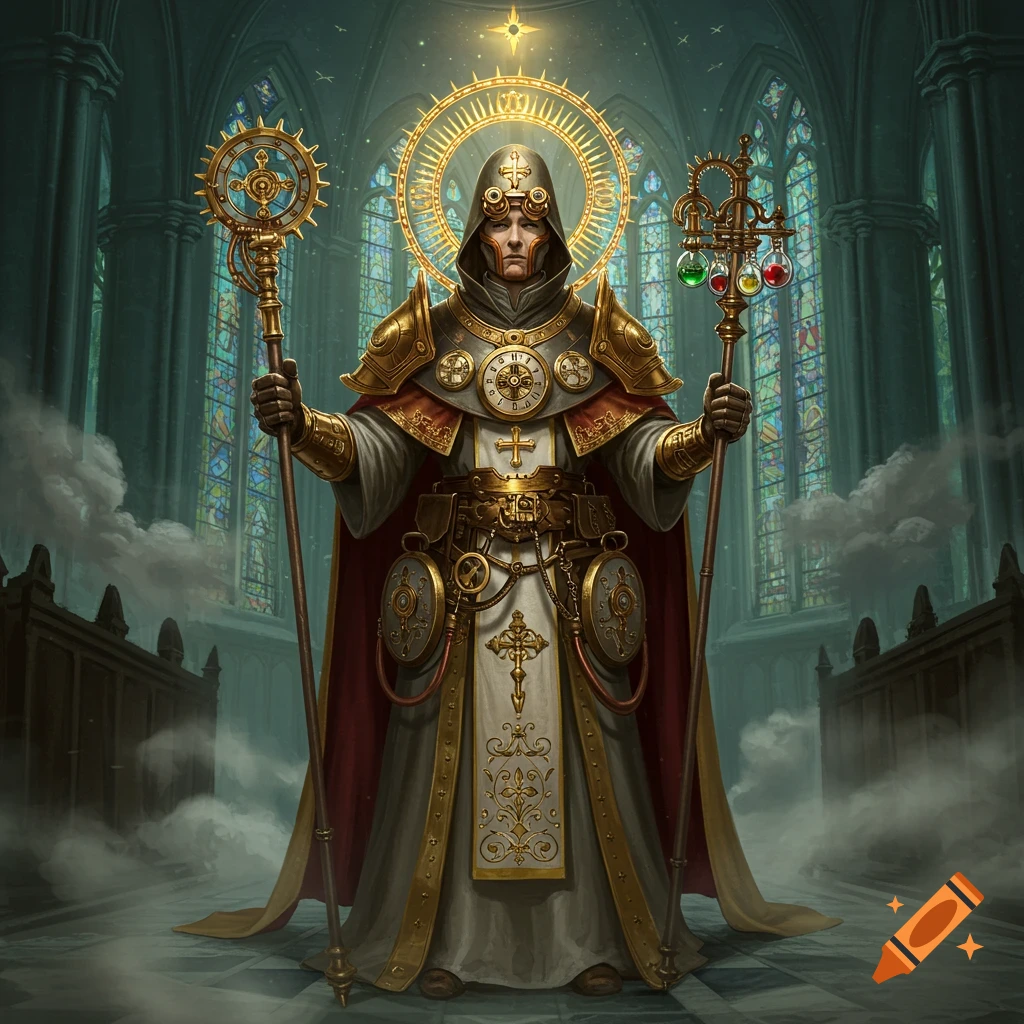A steampunk catholic saint in golden armor and robes with a gear halo, holding ornate staffs, standing in a gothic cathedral.