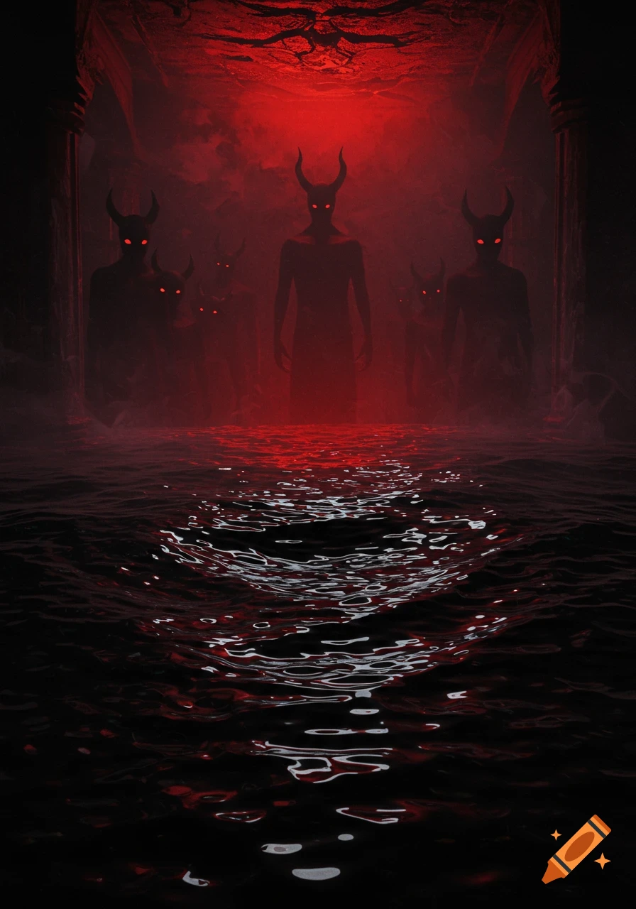Shadowy horned demons with glowing red eyes stand in dark, rippling water under a red-lit archway in an ominous dark fantasy scene.