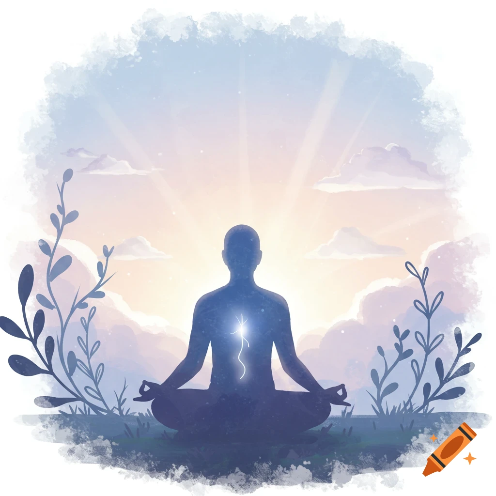 Watercolor illustration of a person meditating in lotus pose with a glowing chest, at sunrise among plants.