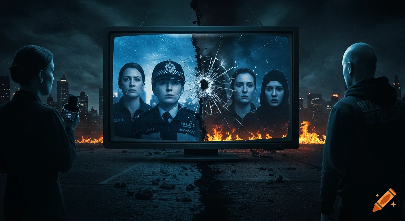 A dark, conceptual image shows a cracked TV screen displaying a police officer and others amidst fire. A reporter and a bald man watch, reflecting themes of media and societal tension.