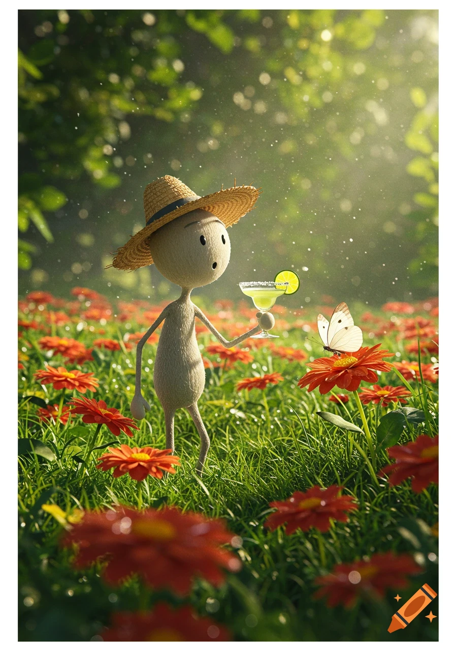 A whimsical, stick-like character in a straw hat holds a margarita in a sunny field of red flowers, observing a white butterfly.