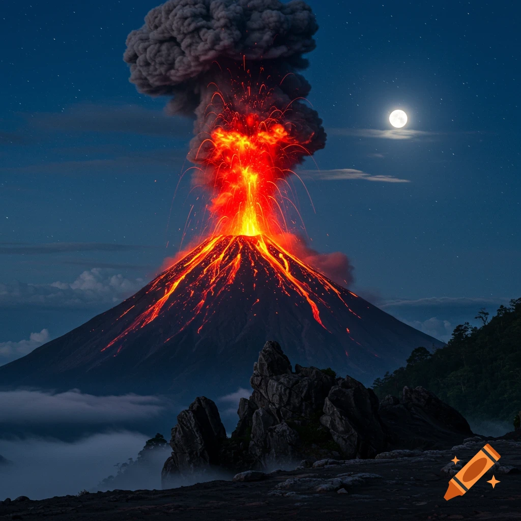 A photorealistic volcanic eruption at night, showing bright orange lava flows and dark smoke under a starry sky and full moon, with jagged rocks in the foreground.