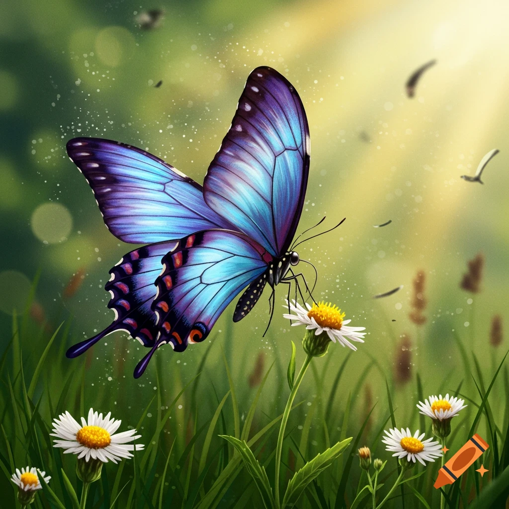 A vibrant blue and purple butterfly perches on a white daisy in a sunlit grassy field with other wildflowers.