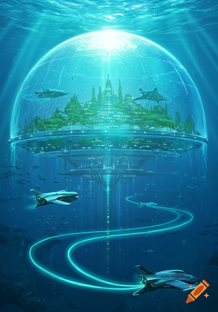 A vibrant underwater city protected by a glass dome, with futuristic vehicles swimming around it in deep blue waters.
