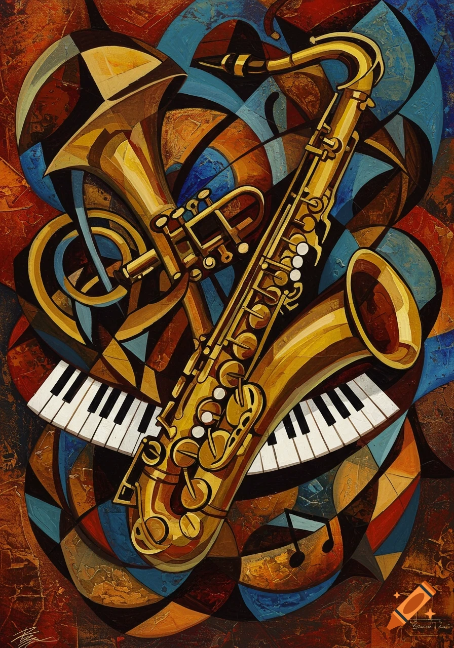 Abstract cubist painting of a golden saxophone, a brass instrument, and piano keys against a background of geometric shapes.