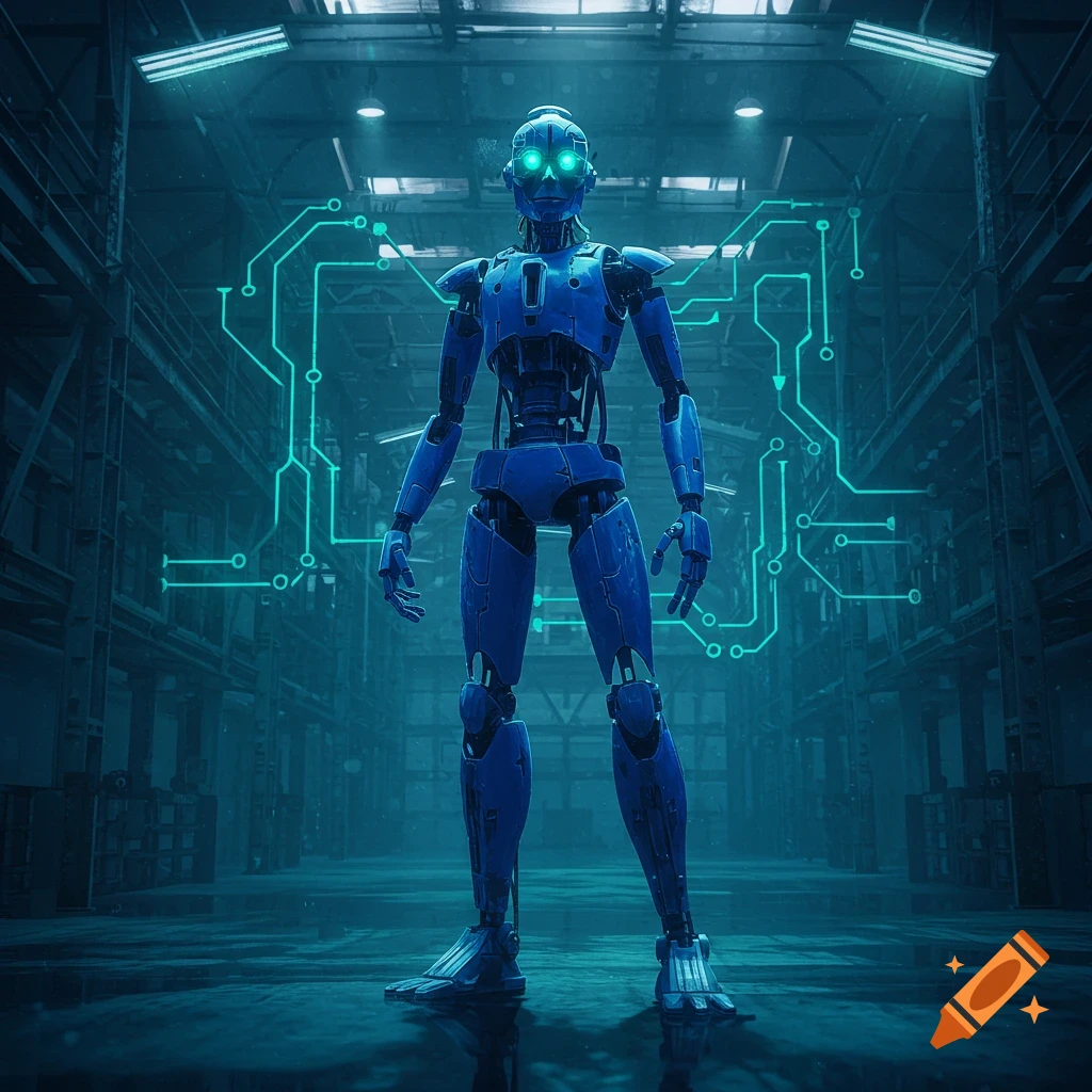 A tall blue animatronic stands in a dimly lit industrial building with glowing circuit lines on the walls, illuminated by bright blue lights.