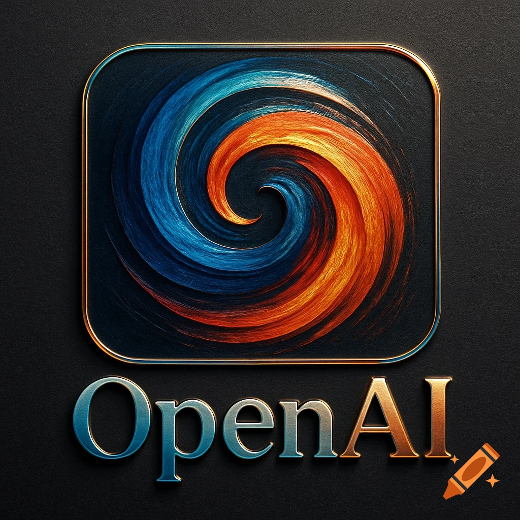 A logo with a blue and orange spiral design in a rounded square frame, above the metallic text 'OpenAI' on a dark textured background.