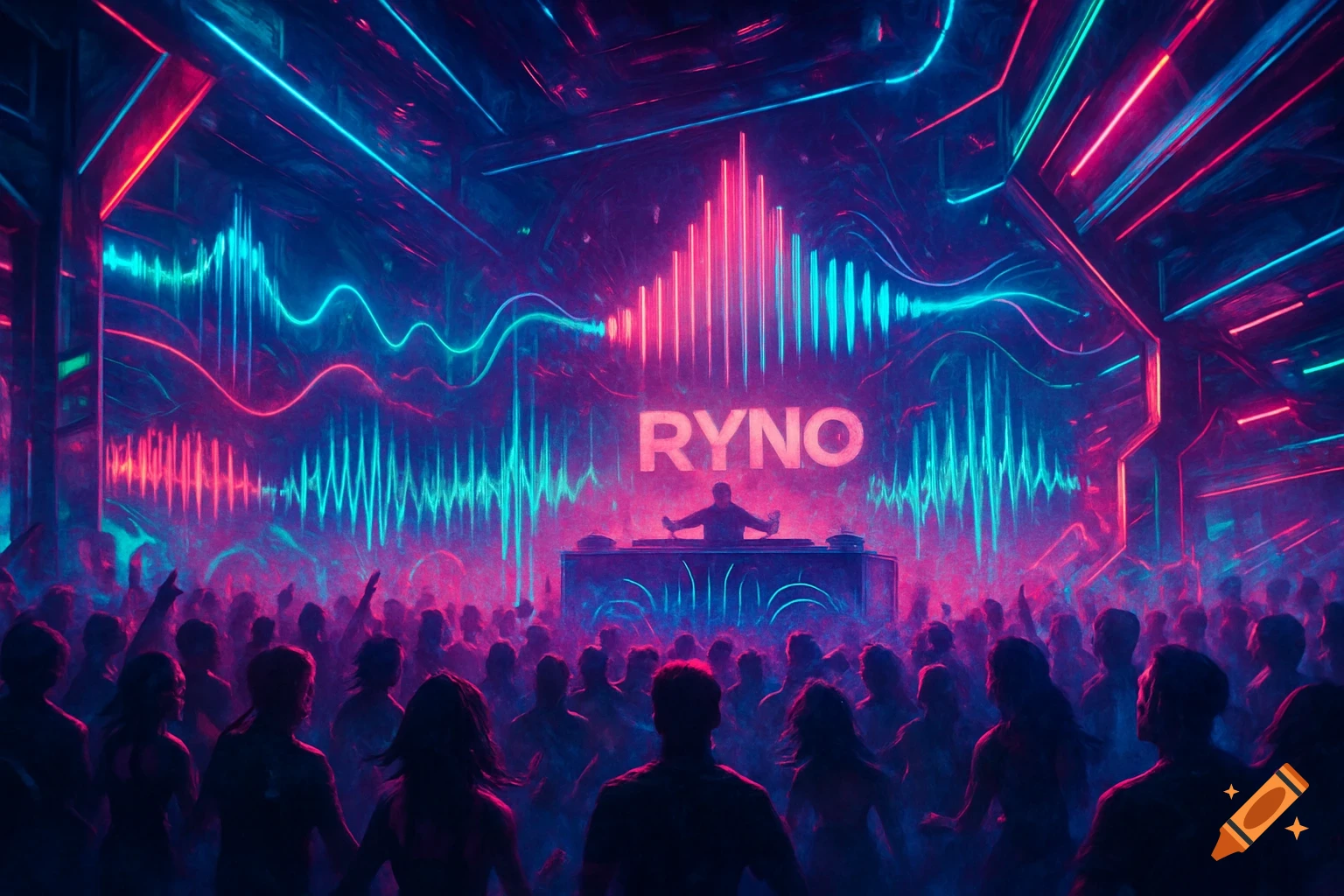 A vibrant, high-energy DJ set at a futuristic club with neon lights, soundwave patterns, a dancing crowd, and 'RYNO' branding.