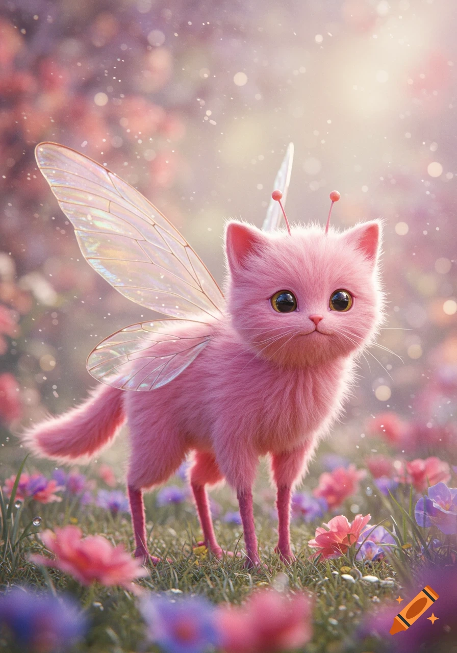 A whimsical, fluffy pink cat-like creature with translucent wings and antennae stands in a bright, flowery field, looking forward.