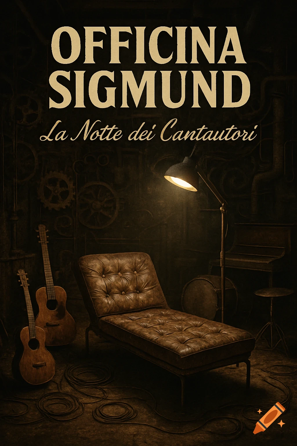 A moody, industrial room featuring a leather chaise lounge, two guitars, a lamp, and text 'OFFICINA SIGMUND'.