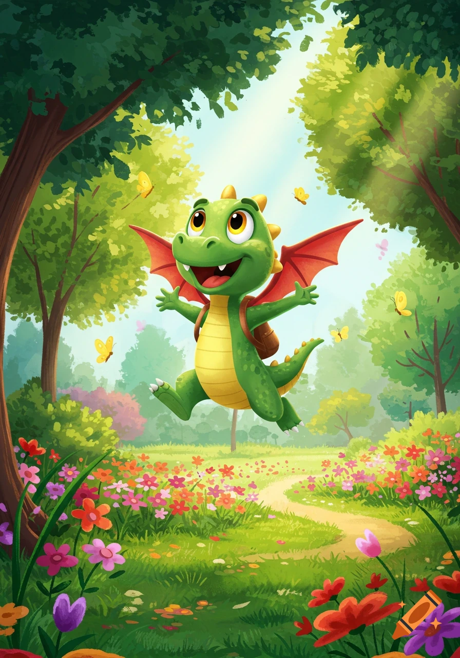 A cute green cartoon dragon with red wings and a backpack joyfully jumps in a colorful, sunny flowery park with trees, illustration style cartoon.