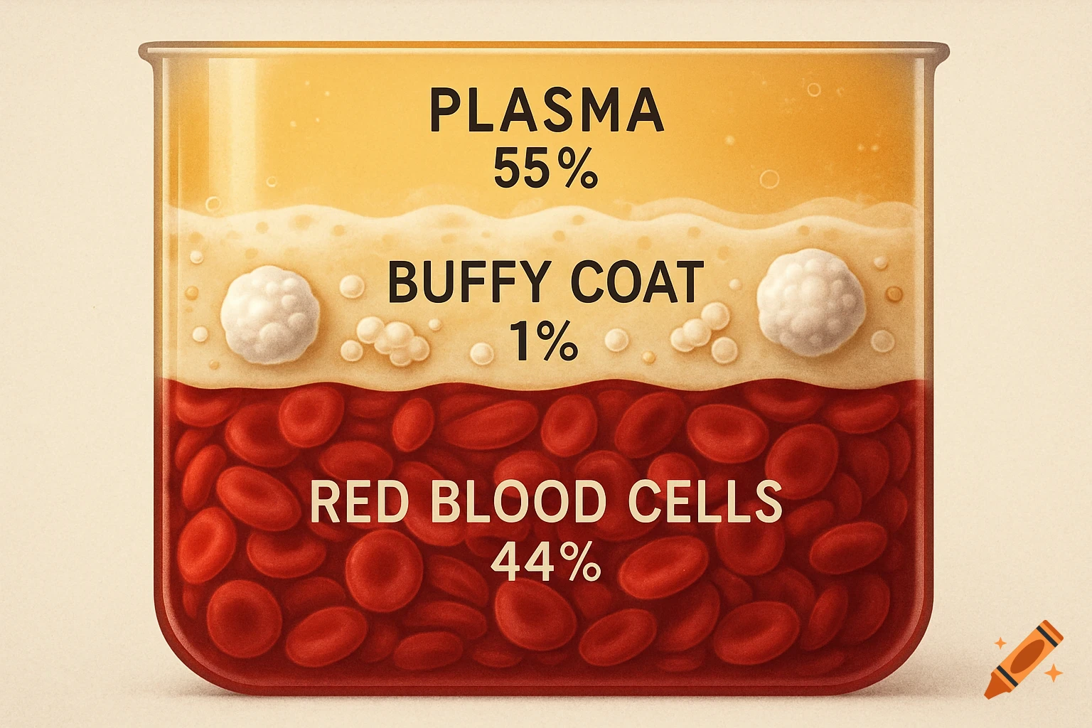 Illustration of blood components separated: plasma 55%, buffy coat 1%, red blood cells 44%.