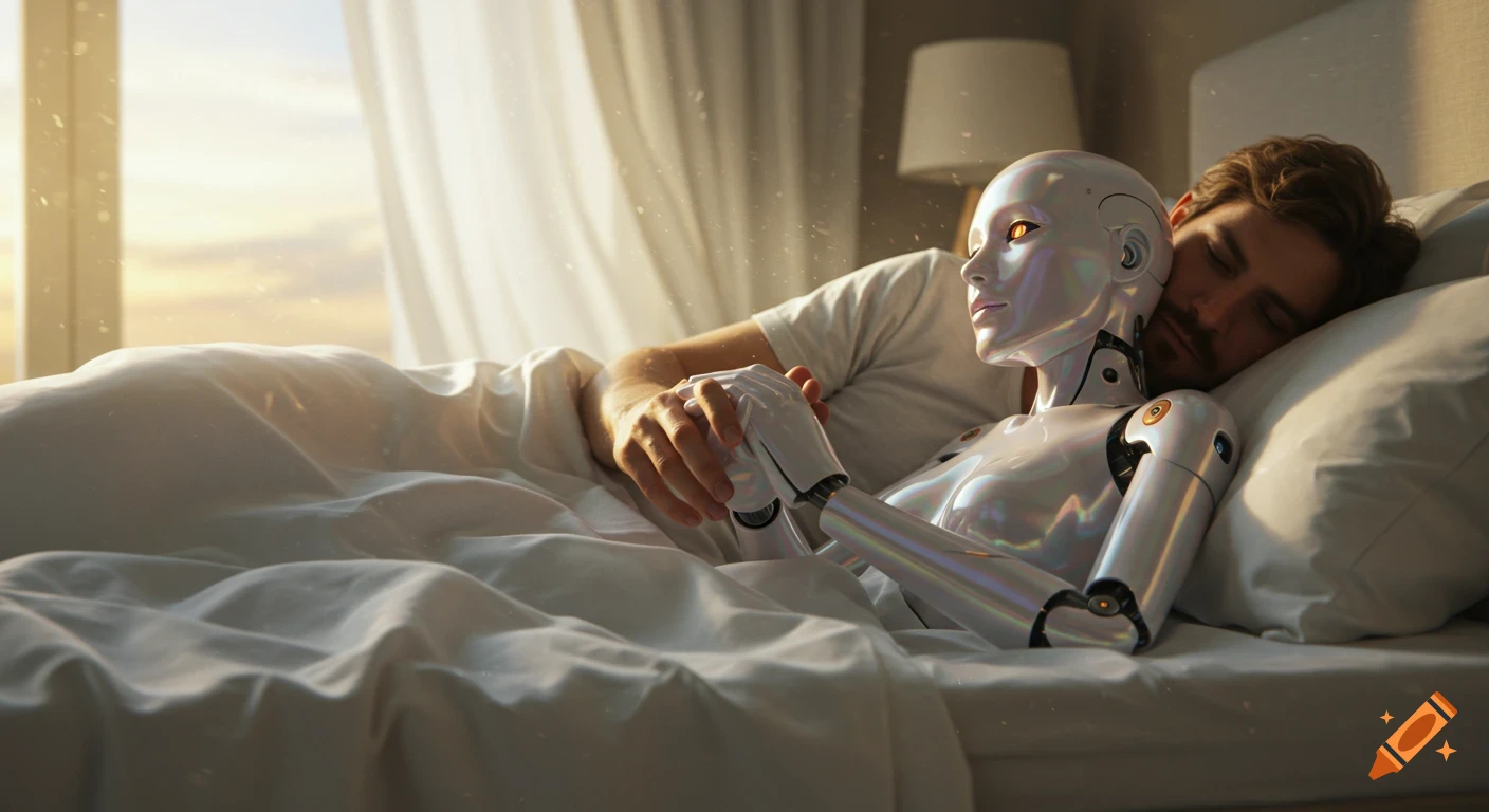 A man and an iridescent humanoid android rest peacefully on a white bed at sunrise, holding hands in soft morning light.