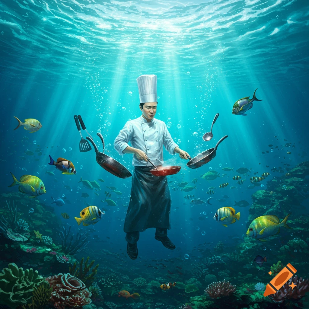 A chef in uniform cooks underwater with pans and utensils, surrounded by colorful fish and a coral reef.
