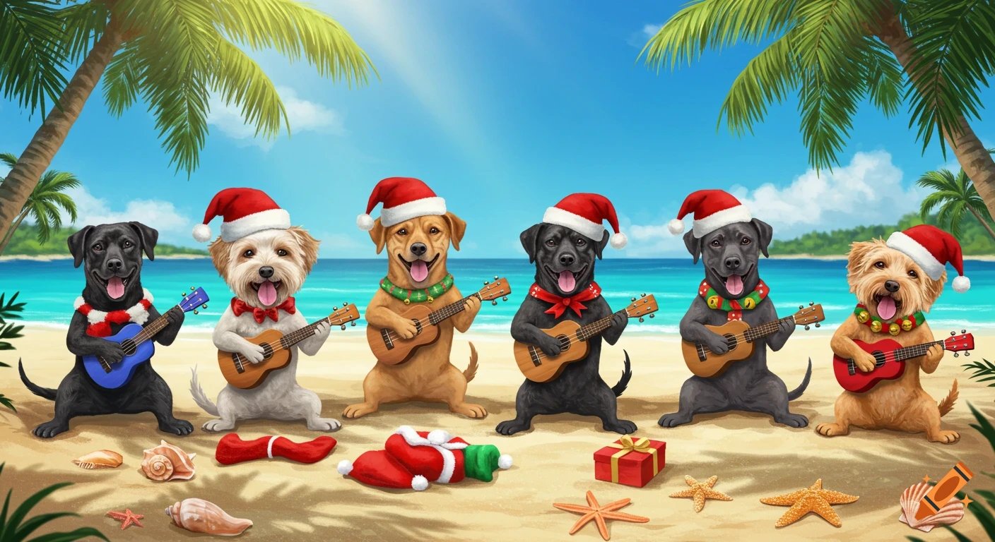 Six happy cartoon dogs in Santa hats play ukuleles on a tropical beach with palm trees, ocean, and Christmas decorations.