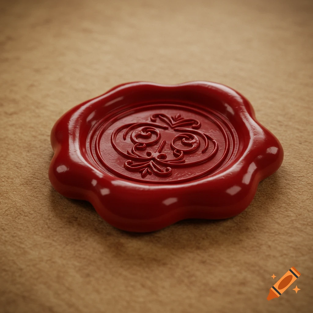Glossy red wax seal with an ornate emblem on a textured brown surface, close-up shot.