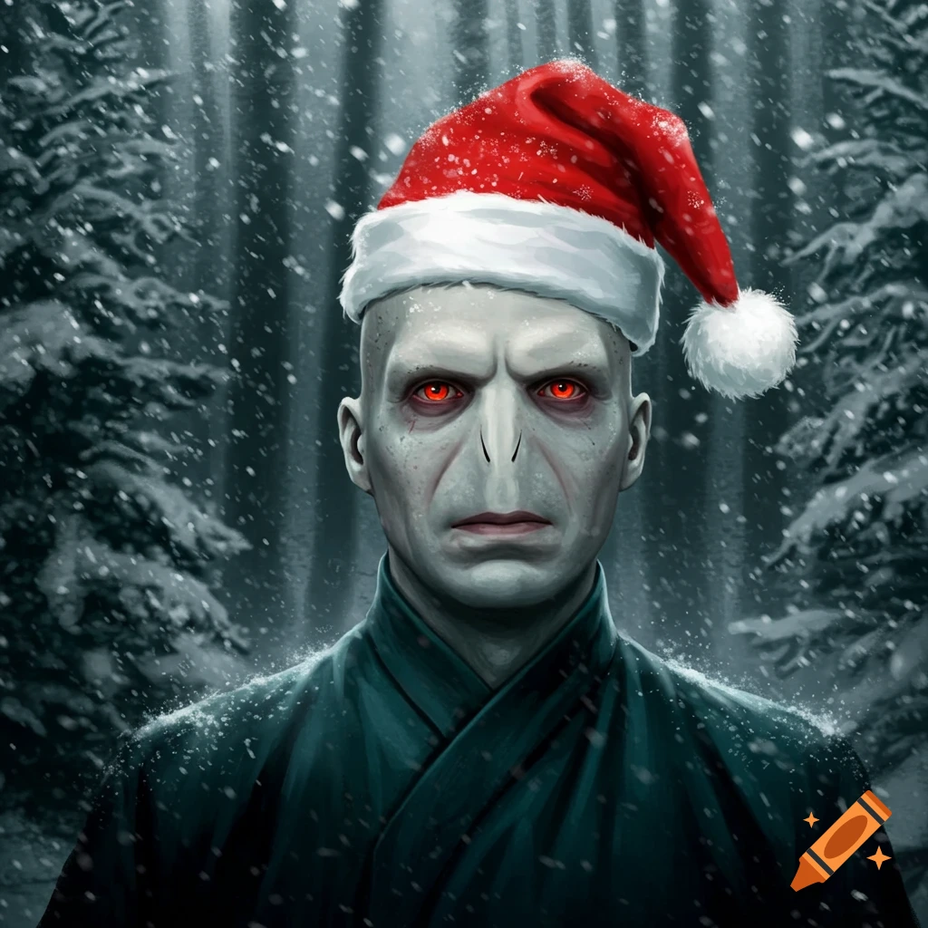 Voldemort wearing a red Santa hat with a white pom-pom, standing in a snowy forest with dark trees.
