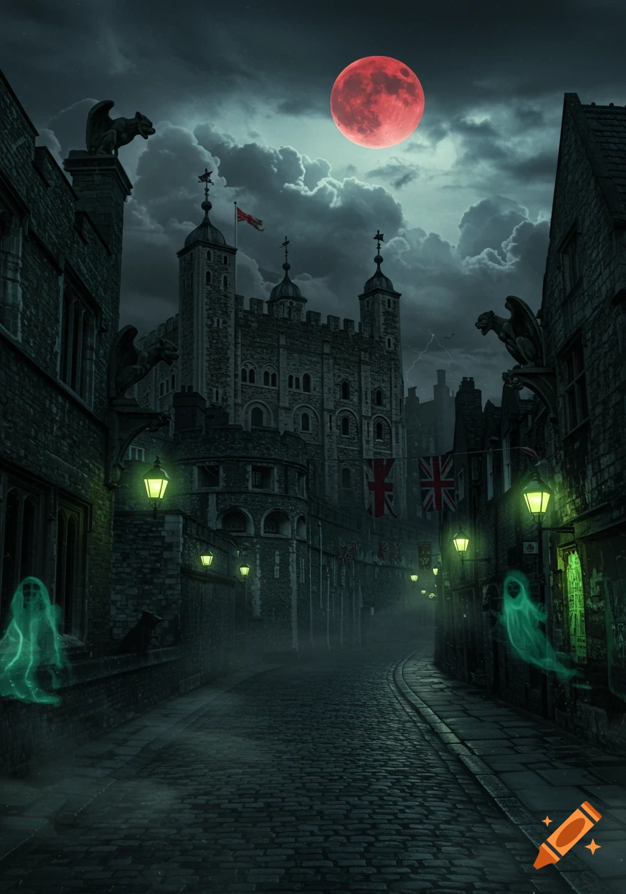 A dark, misty street in a gothic city at night, with a castle, glowing streetlights, two green ghosts, and a large red blood moon.