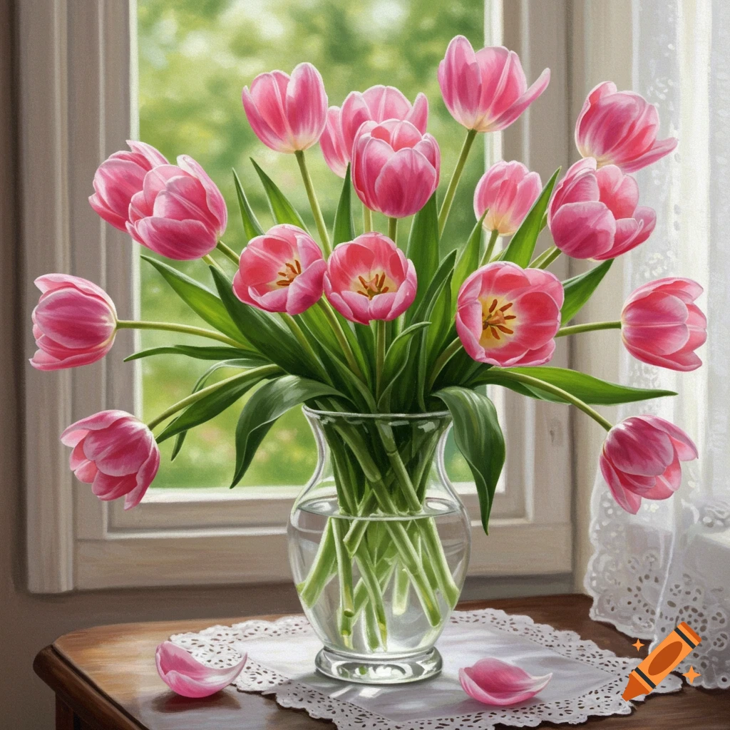 A vibrant bouquet of pink tulips in a glass vase on a wooden table, with fallen petals on a white doily by a sunlit window.
