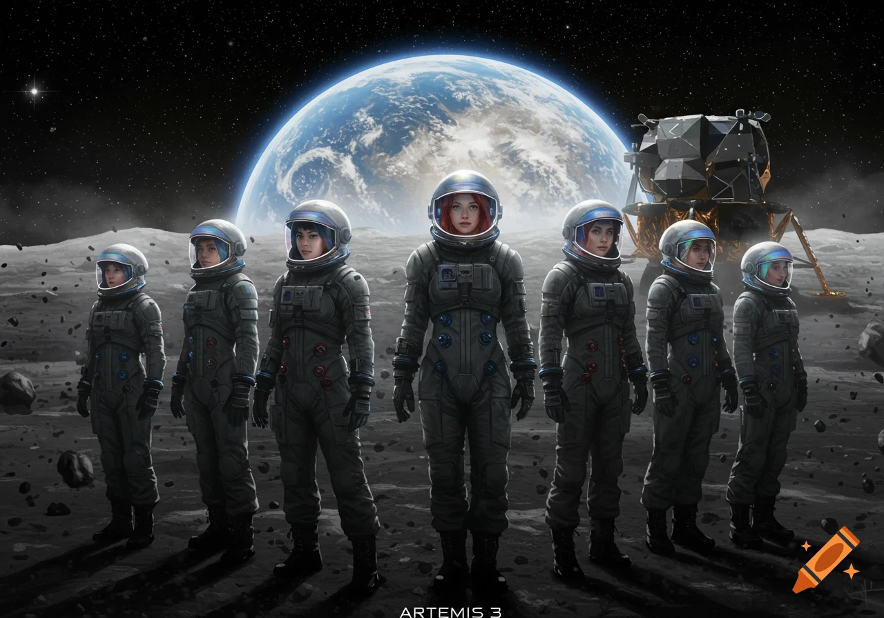 Seven female astronauts in dark gray suits stand on the moon's surface with Earth and a lunar lander in the background.