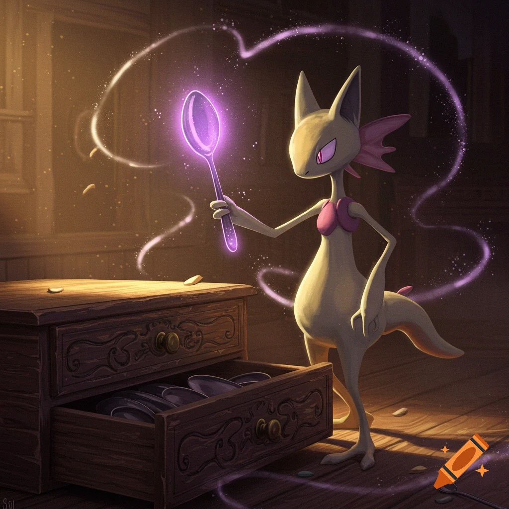 A Kadabra-like creature holds a glowing purple spoon near a wooden dresser with an open drawer of spoons, amidst magical light in a dim room.