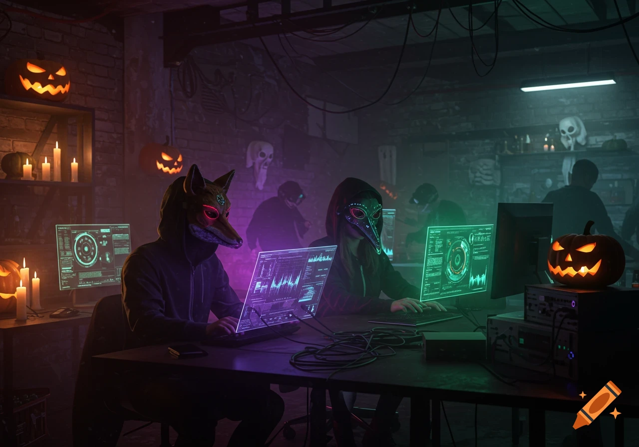 Two masked figures, one with a fox mask and another with a plague doctor mask, sit at computers with holographic displays in a dimly lit, cyberpunk-style room filled with Halloween decorations like jack-o'-lanterns and skulls.