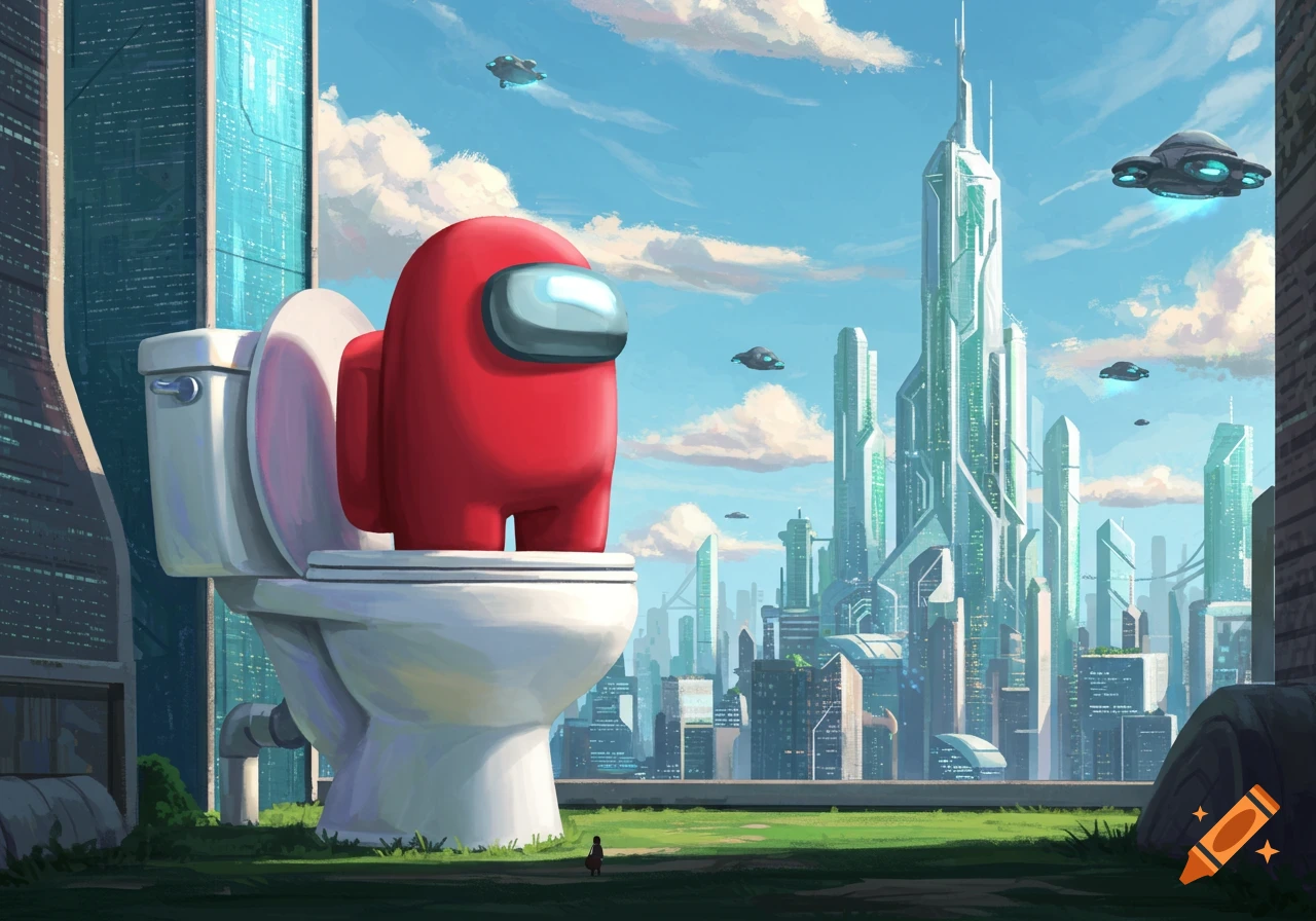 A giant red Among Us character sits on a toilet overlooking a futuristic city with flying vehicles, illustrated.
