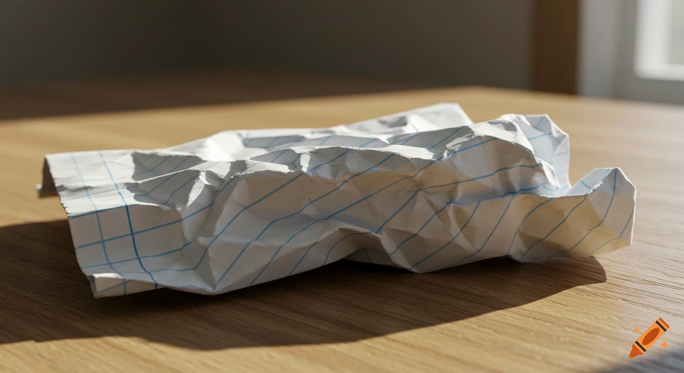 A crumpled and partially unfolded piece of white lined school writing paper rests on a light wooden table, lit by sunlight.