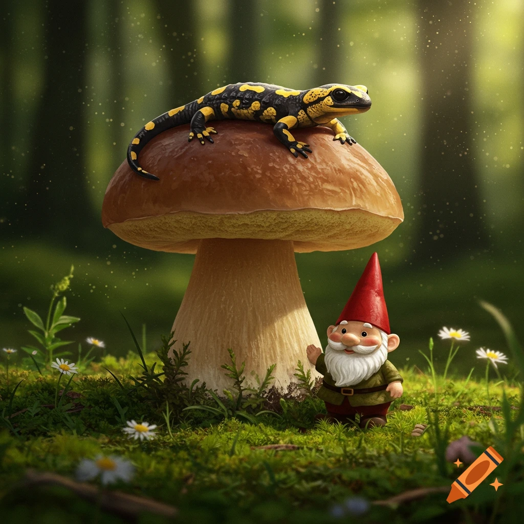 A yellow and black salamander rests atop a large mushroom, while a small gnome waves from the mossy forest floor beside it.