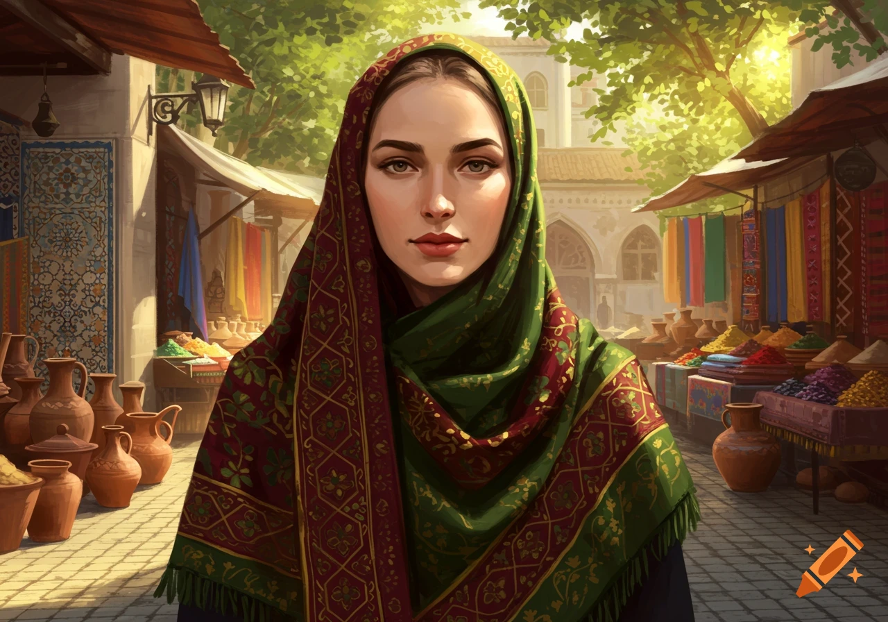 Illustrated portrait of a woman in a green and red patterned hijab, standing in a sunny marketplace filled with colorful goods.