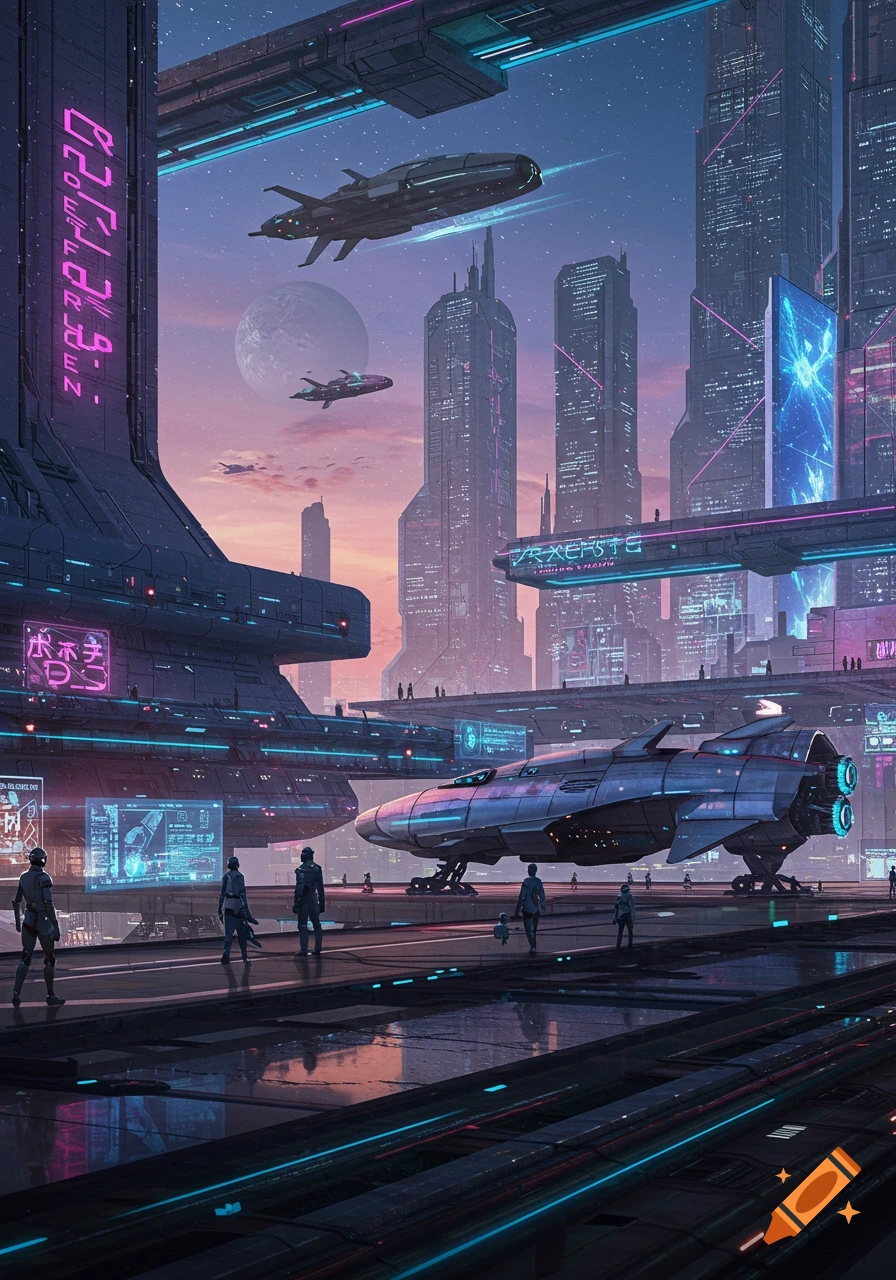 A vibrant, futuristic spaceport cityscape at dusk with flying vehicles, glowing neon lights, and people on platforms.