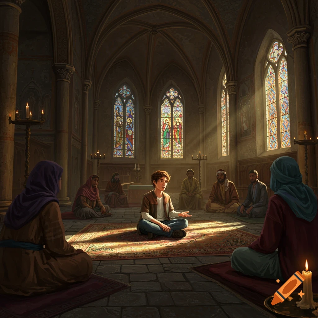A young person leads a discussion in a grand church, surrounded by people, as sunlight streams through colorful stained glass windows.