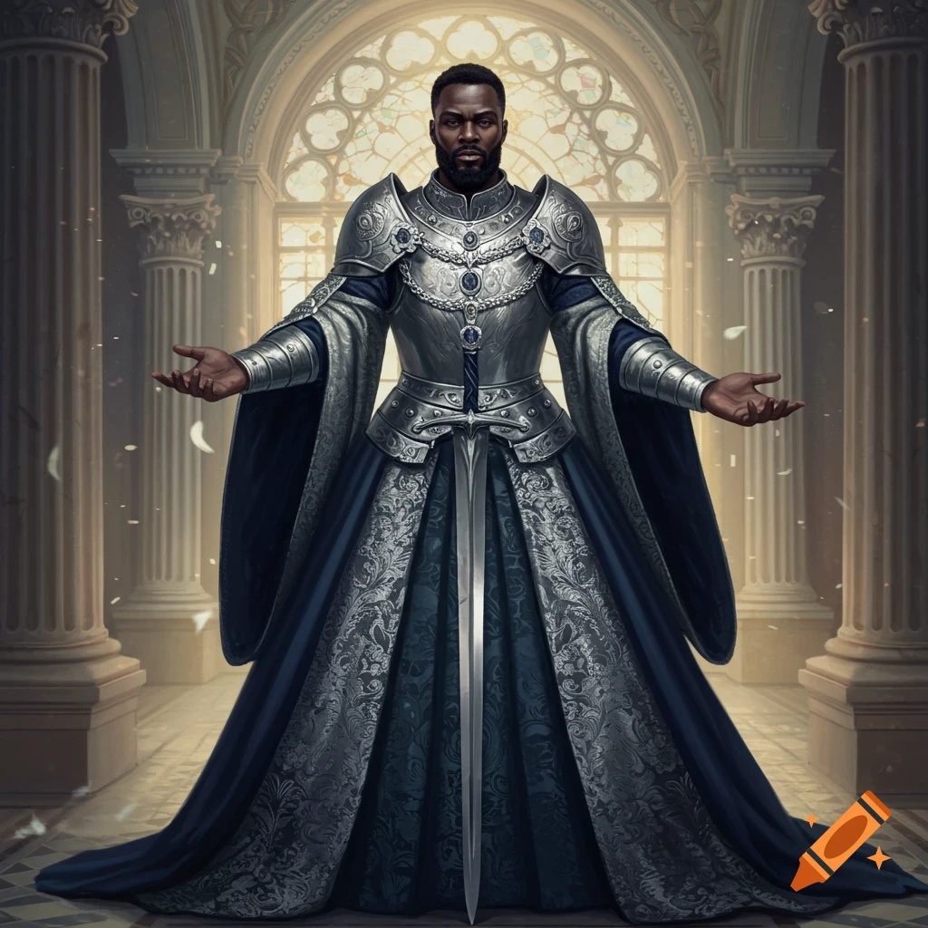 A Black man in ornate silver armor and a flowing blue and silver gown stands in a grand hall with columns and a stained-glass window, arms outstretched.