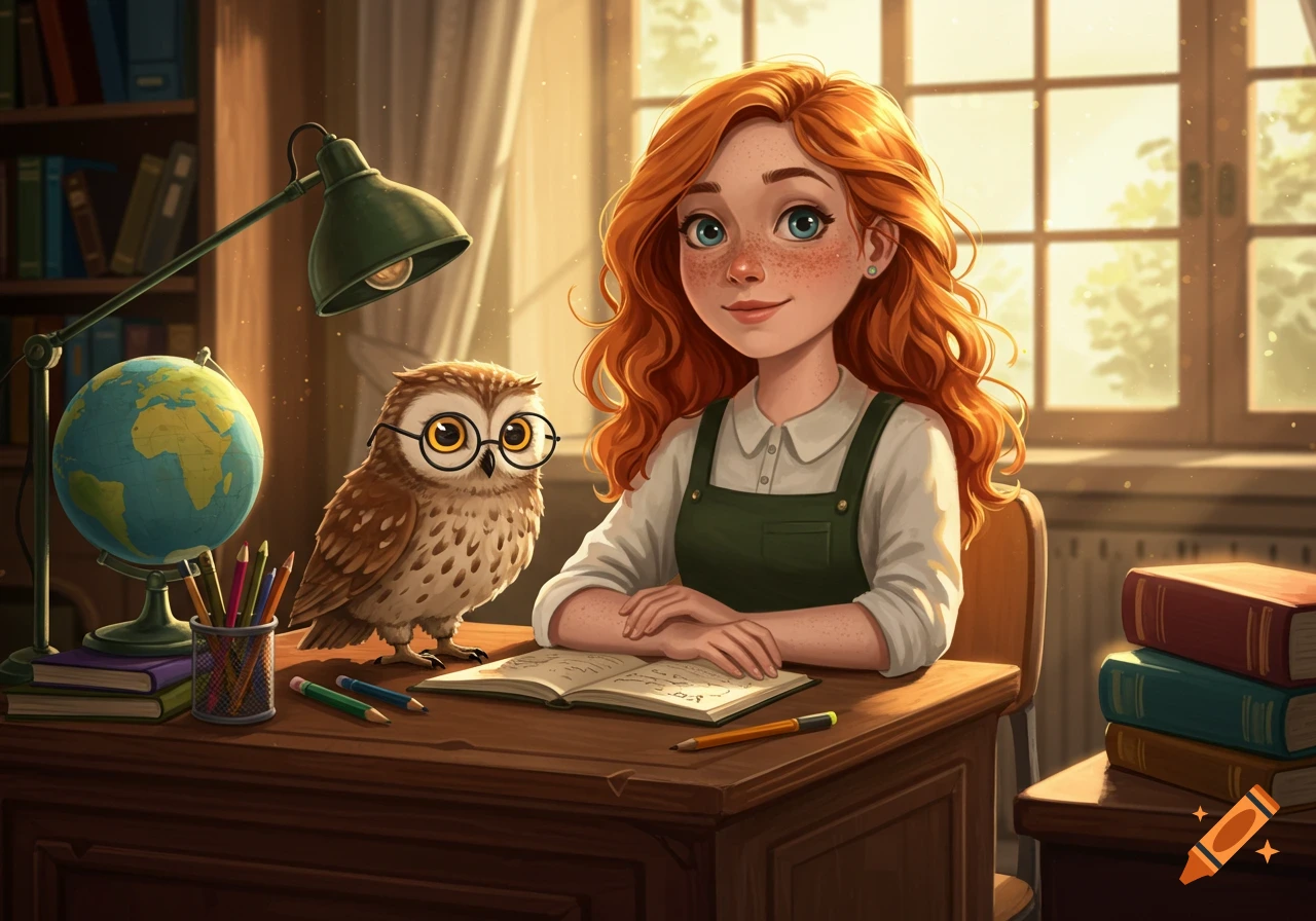 A red-haired girl and a cute owl with glasses sit at a wooden desk with an open book, globe, pencils, and a lamp in a bright, illustrative style.