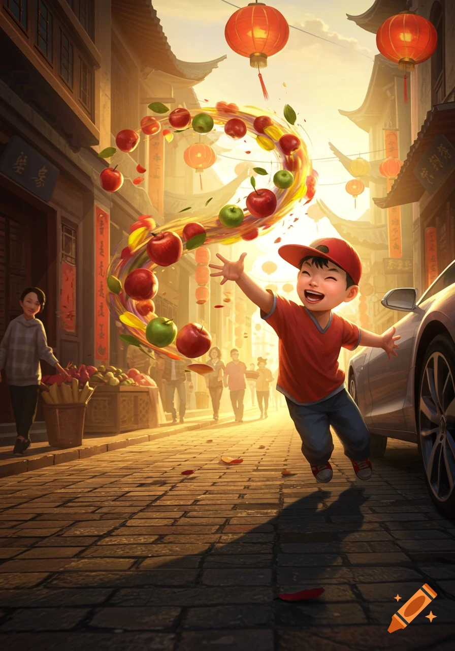 A joyful Chinese boy in a red hat plays with red and green apples swirling in a sunny, traditional street.