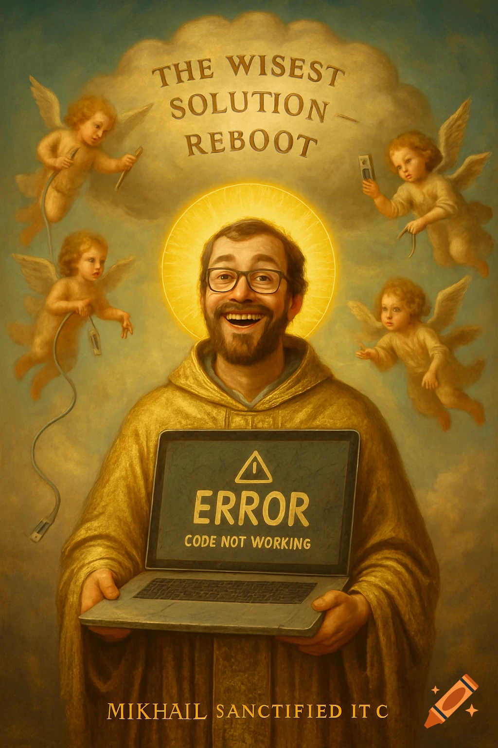 A man with glasses and a beard, adorned with a halo and saintly robes, smiles while holding a laptop displaying an 'ERROR CODE NOT WORKING' message. Cherubs with cables fly around him under a cloud with 'THE WISEST SOLUTION - REBOOT'.