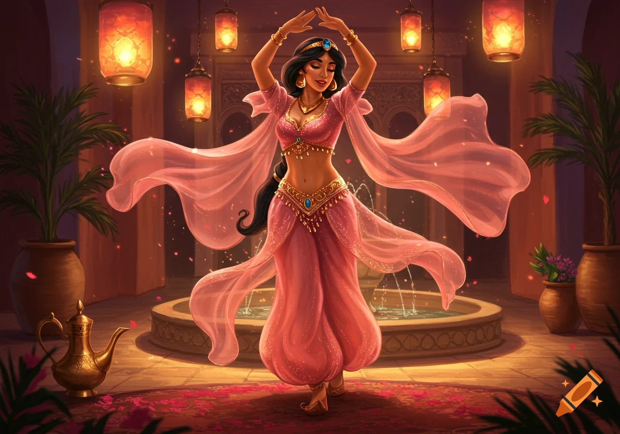 Digital art of Princess Jasmine in a flowing pink belly dance outfit, dancing in a lantern-lit, opulent room with a fountain.