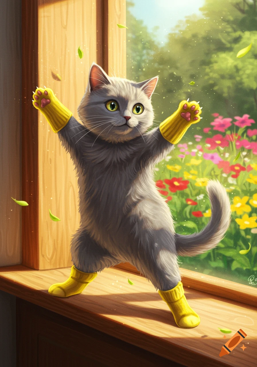 An adorable gray cat wearing yellow gloves and socks stands on a windowsill, looking out at a vibrant spring garden.