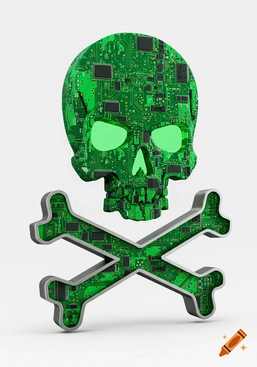 A 3D render of a skull and crossbones made from green circuit board material with silver outlines, on a white background. The skull's eyes glow green.