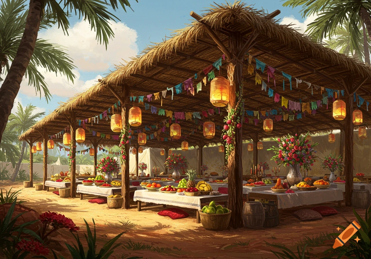A vibrant illustration of a large, festive outdoor Sukkah with a thatched roof, tables laden with food, colorful bunting, and hanging lanterns.