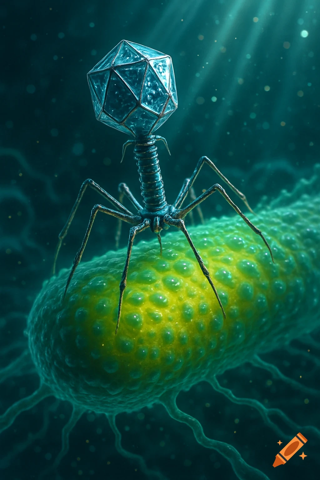 A detailed, microscopic view of a metallic-looking bacteriophage with a geometric head attaching to a vibrant green bacteria.
