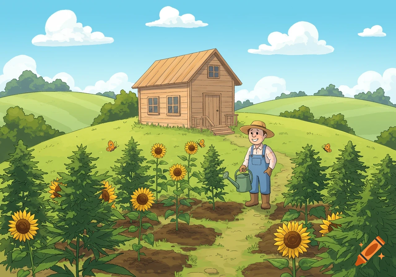 A cartoon farmer waters plants in a field with sunflowers and cannabis plants, a wooden house in the background.