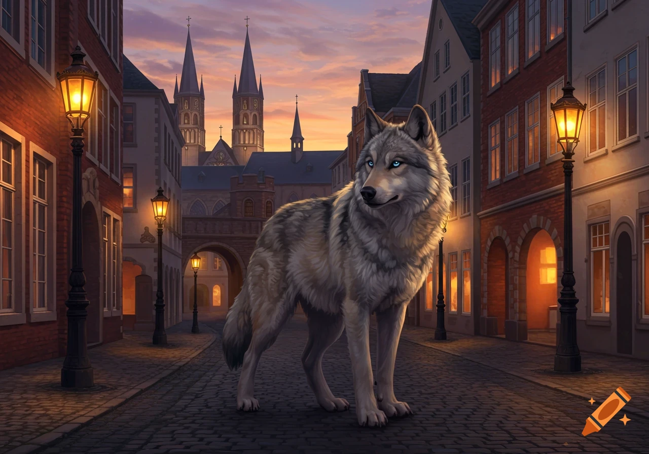A gray wolf with blue eyes stands on a cobblestone street in a historic European city at dusk, glowing lampposts, gothic spires.