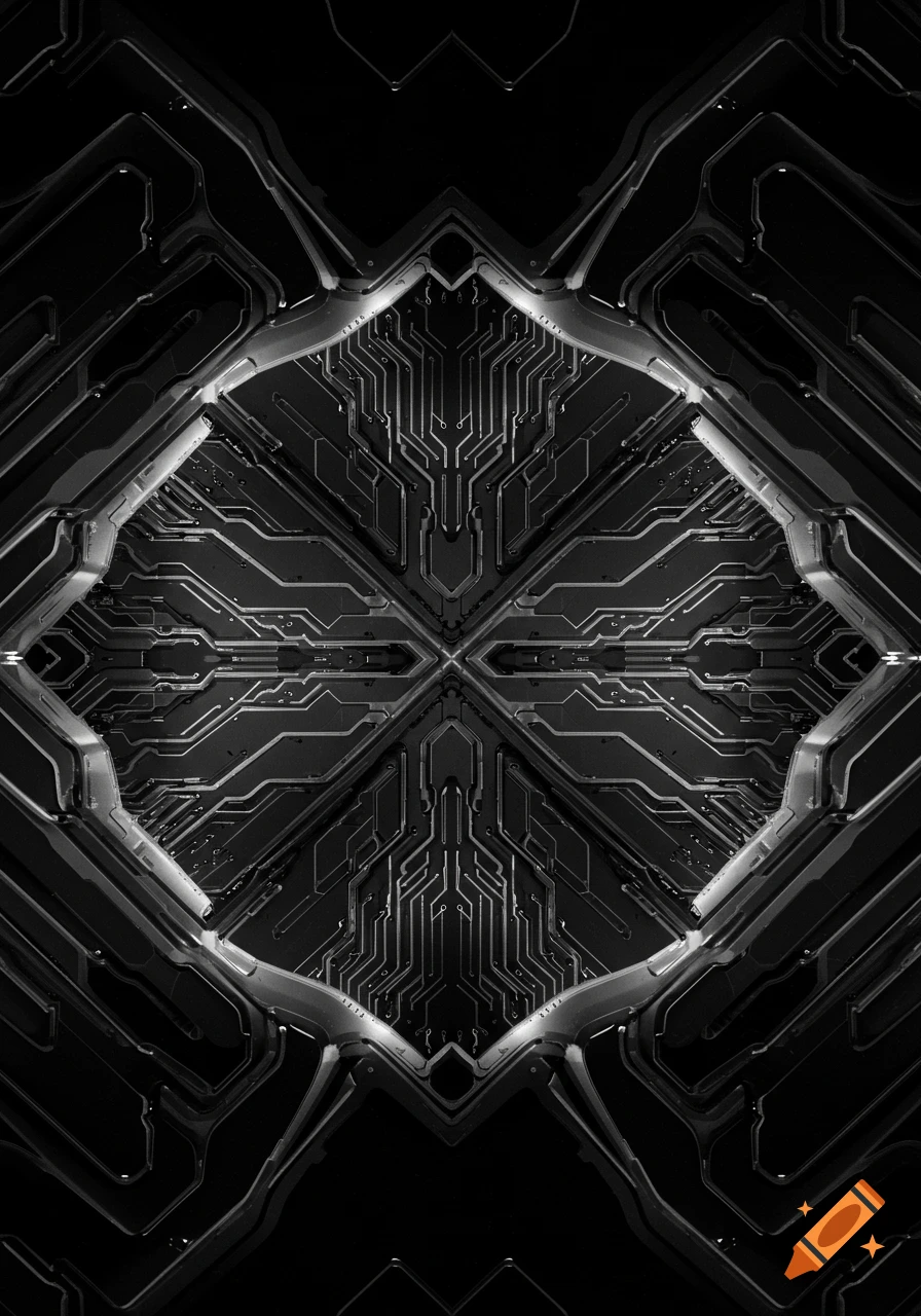 Black and white abstract bionic pattern resembling intricate circuits or a futuristic metallic structure.