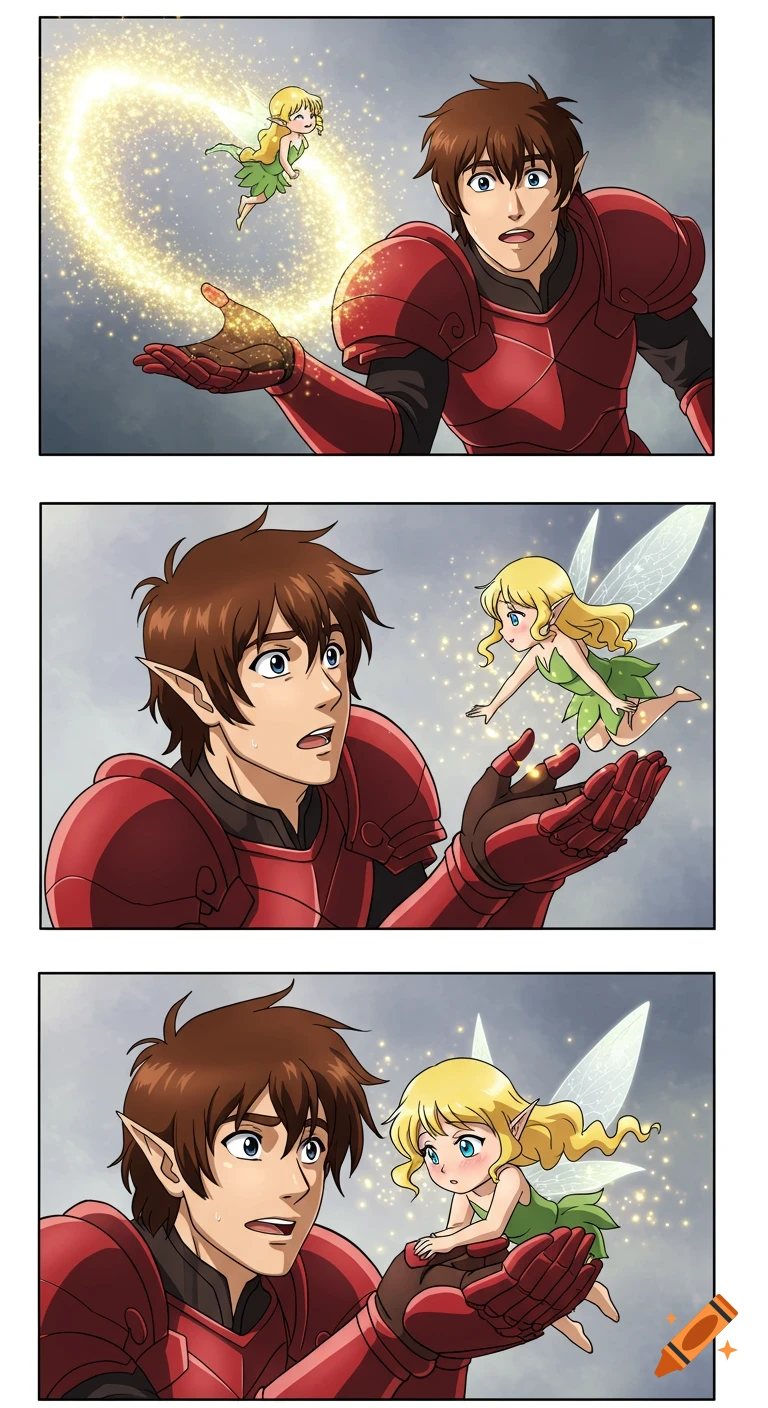 Anime comic panels show an armored man catching a tiny blonde pixie in his hands, both looking surprised and awestruck.