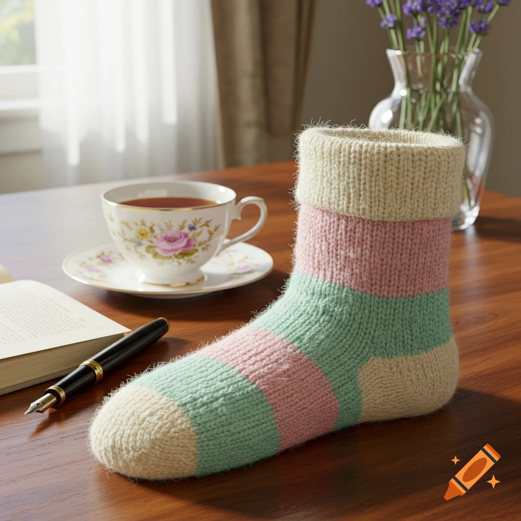 A striped knit sock in cream, pink, and mint green rests on a wooden table next to a teacup, an open book, and a fountain pen.