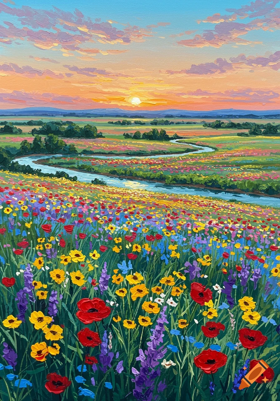 Vibrant oil painting of a vast wildflower field with a winding river under a colorful sunset sky.
