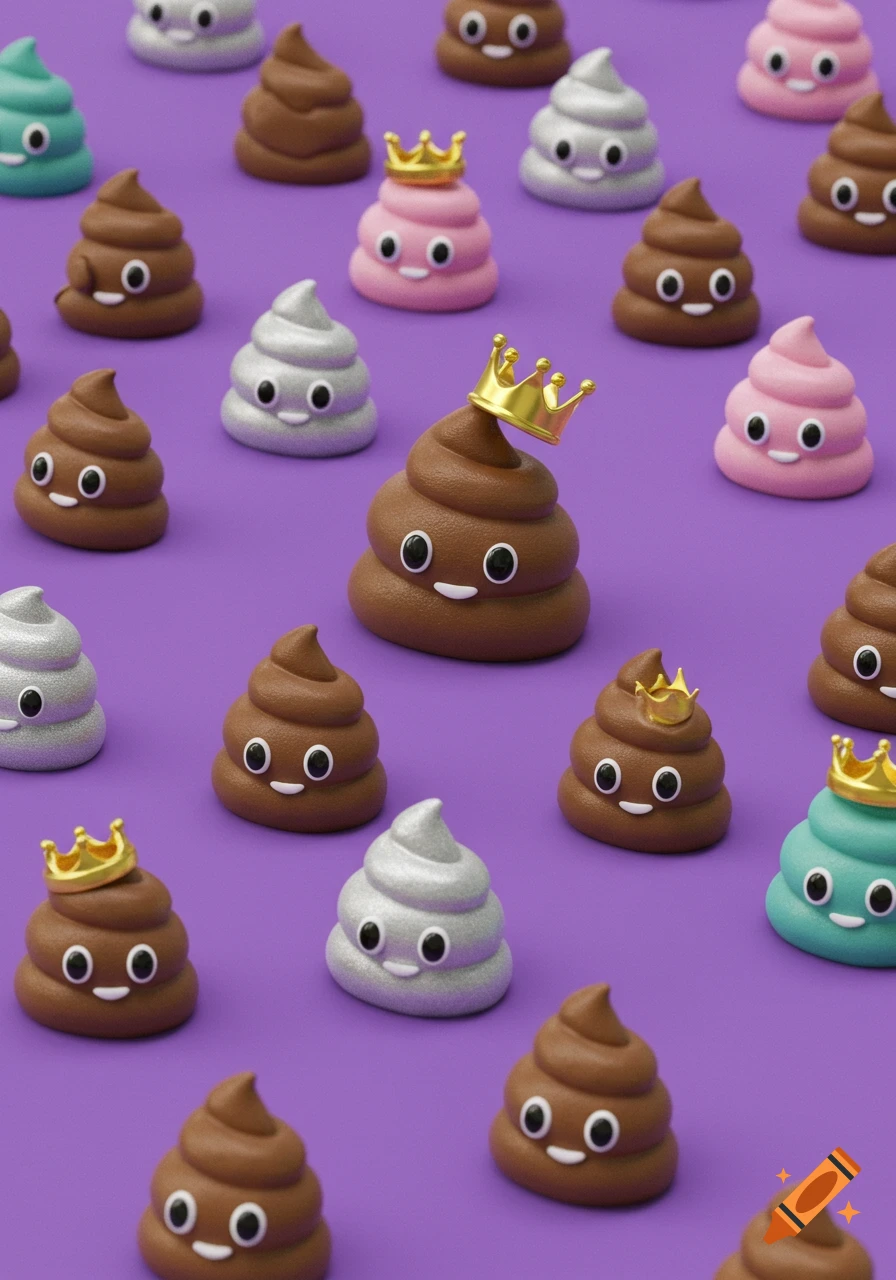 A playful pattern of cute, colorful cartoon poop figures on a purple background. Many wear gold crowns, including a larger one in the center.